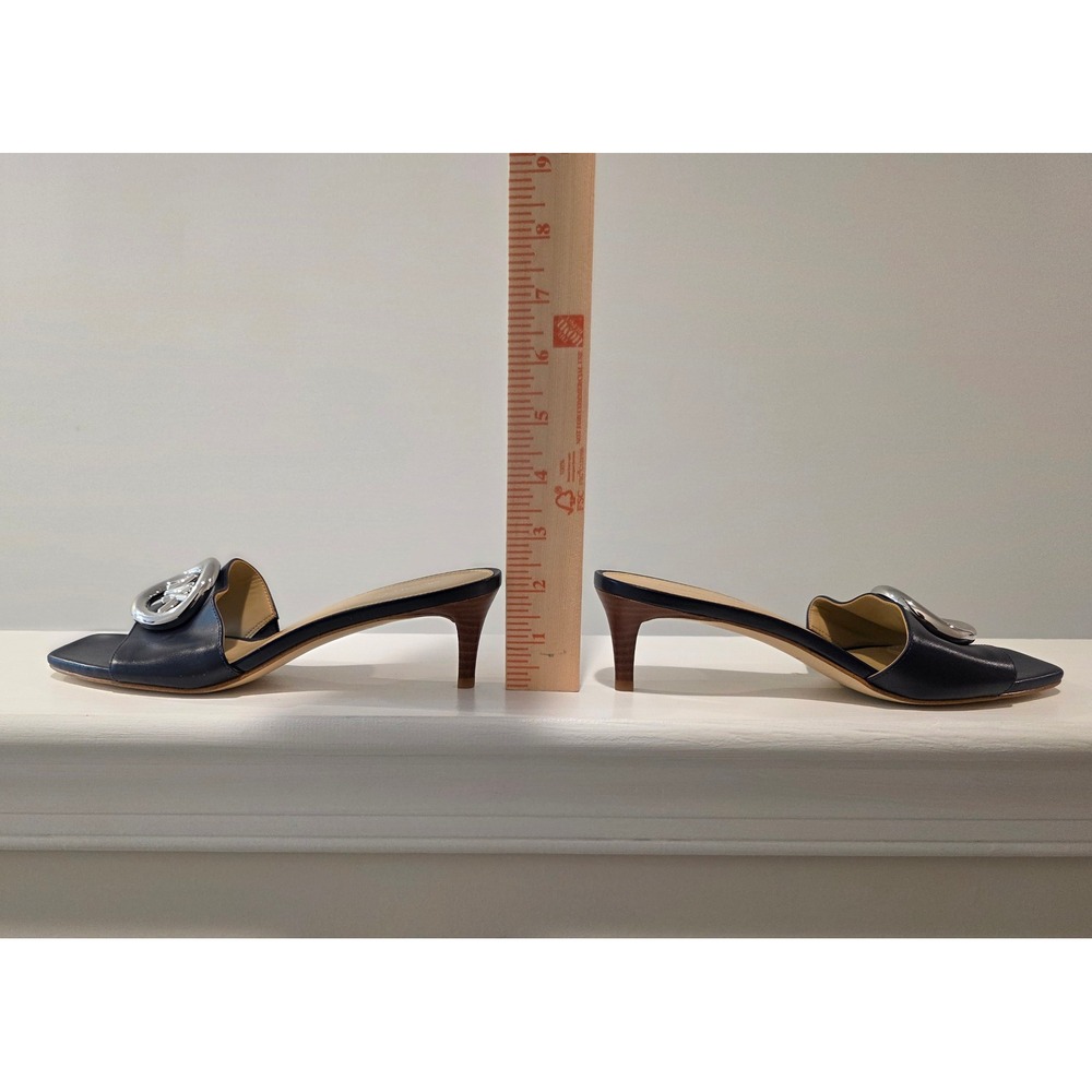 Women's sz 6 B Michael Kors Milan Mule Sandal Blue Leather MK Logo Kitten Heel - Picture 5 of 9